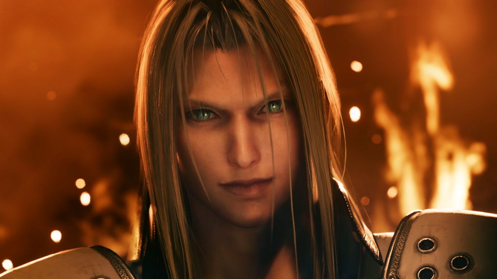 Up close shot of Sephiroth with a sinister look on his face