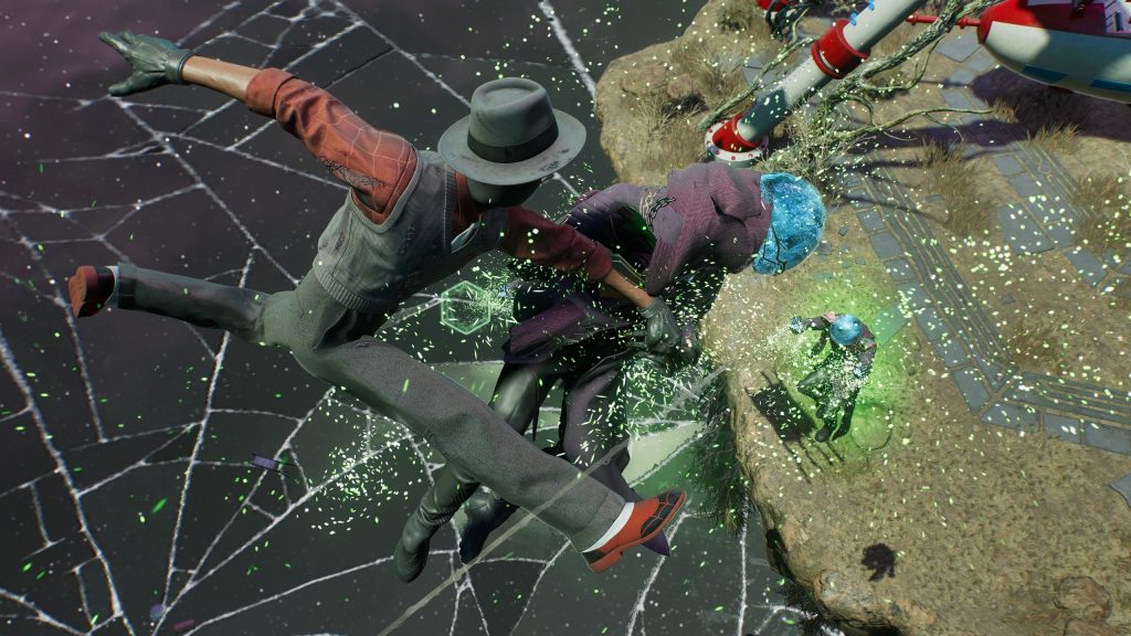 Miles punching Mysterio in Spider-Man 2. The former is wearing the City Sounds Suit.