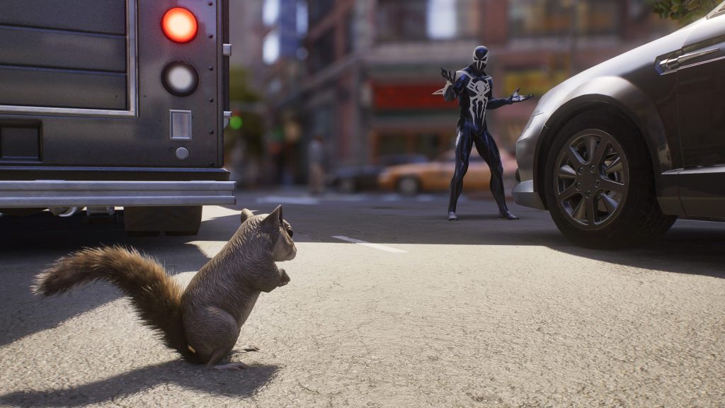 Spider-Man shrugging to a nearby squirrel on the street.