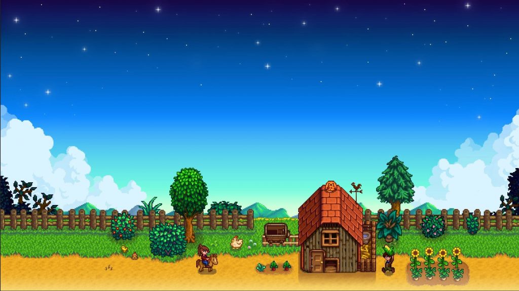 stardew valley girl on horse near cabin