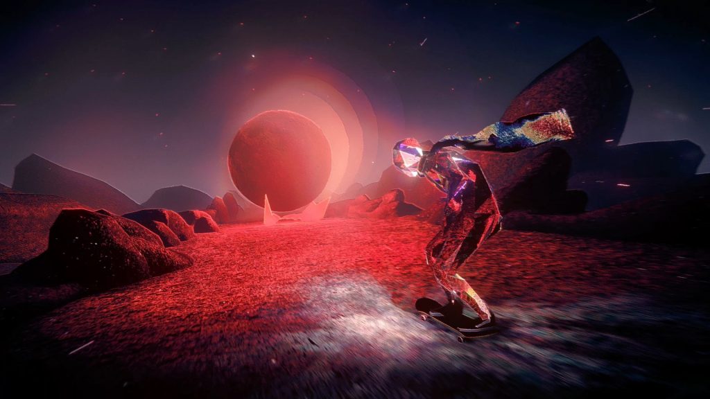 One of the many striking locations you will be skateboarding through in Skate Story, with a bright red moon lighting the area.