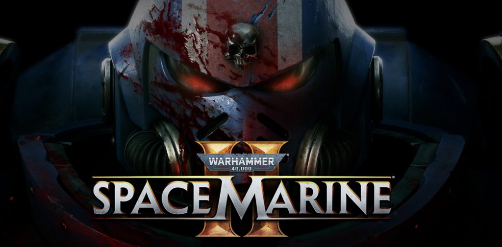 Space Marine 2 Title Screen with close up on Marine Helmet behind the title
