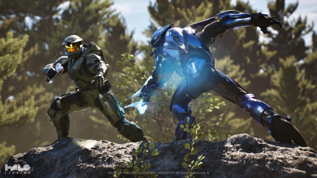 Master Chief getting ready to fight a Covenant Elite, with him using the iconic pistol and his foe using an energy sword.