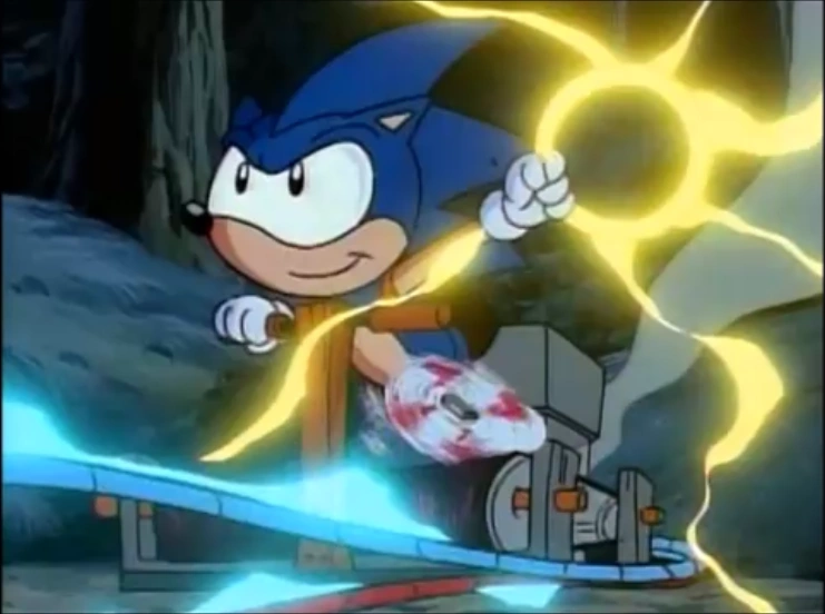 Sonic using a 'Power Ring' to juice up his speed in 'Sonic SATAM'.