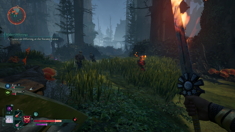 Avowed combat against skeletons in swamp area