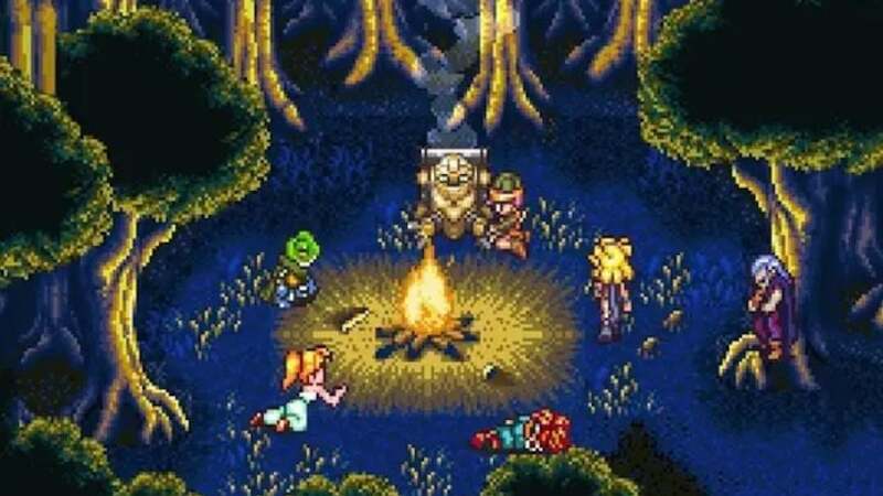 Characters from Chrono Tigger sitting around the campfire