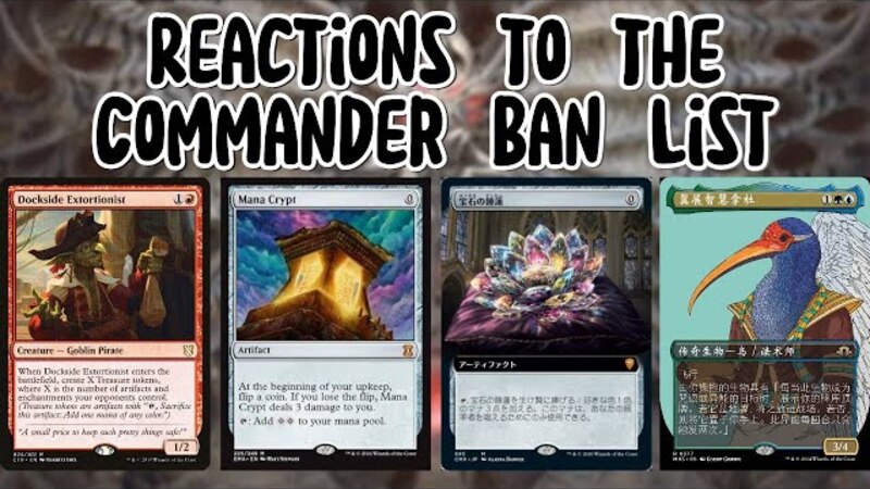 Four Cards banned in the magic the gathering commander format. They are dockside extornist, mana crypt, jeweld lotus, and nadu
