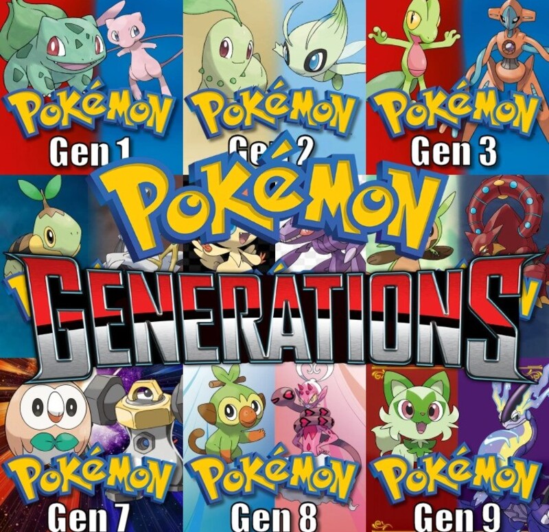 A collage of all the pokemon generations with a starter pokemon and a legendary pokemon from each generation