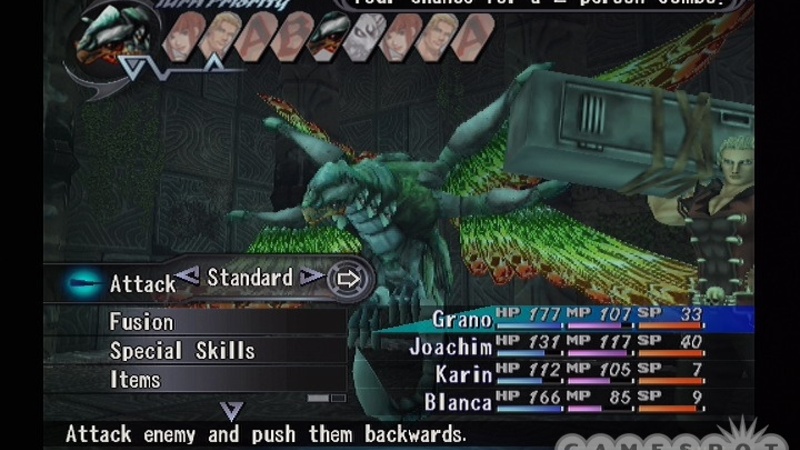 The Battle Screen of shadow hearts covenant fighting against one monster