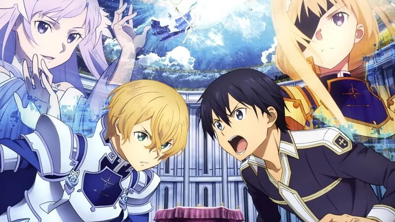 Kirito, Alice. Eugeo, and Quinella, all facing each other