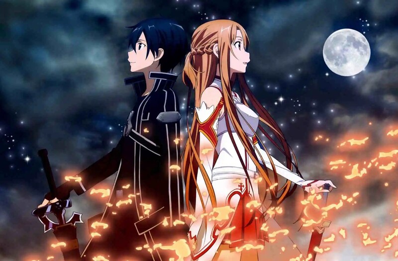 Kirito and Asuna standing with their weapons in the moonlight with flames around them