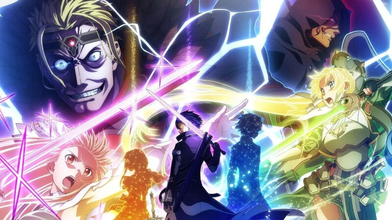 Charcters form SAO War of the Underworld on the title screen with some of their weapons and abilities going off