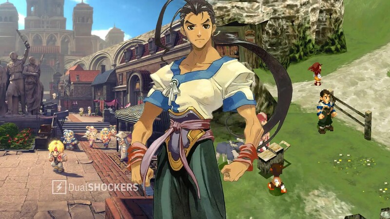 Picture of the Xenogears characters moving around with a modern version of the main character in the middle of the image