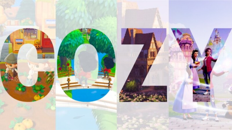 The word Cozy in multiple colors with images of different cozy games like Stardew valley kin the background