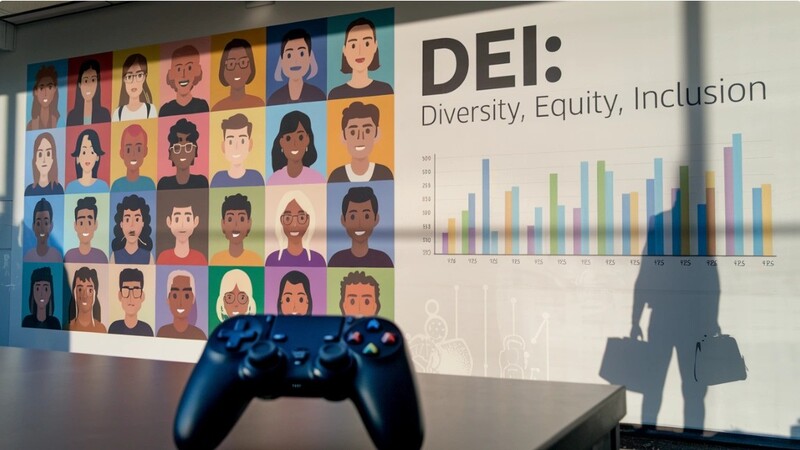Images on a wall showing off diversity in the workplace along with a graph and a controller