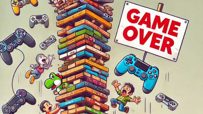 A stack a jenga blocks with DEI controversy reasons and controllers and people around it with a game over sign
