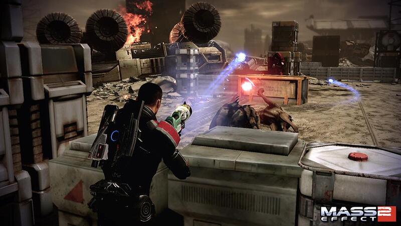 Mass Effect 2 combat with Shepard firing at an enemy