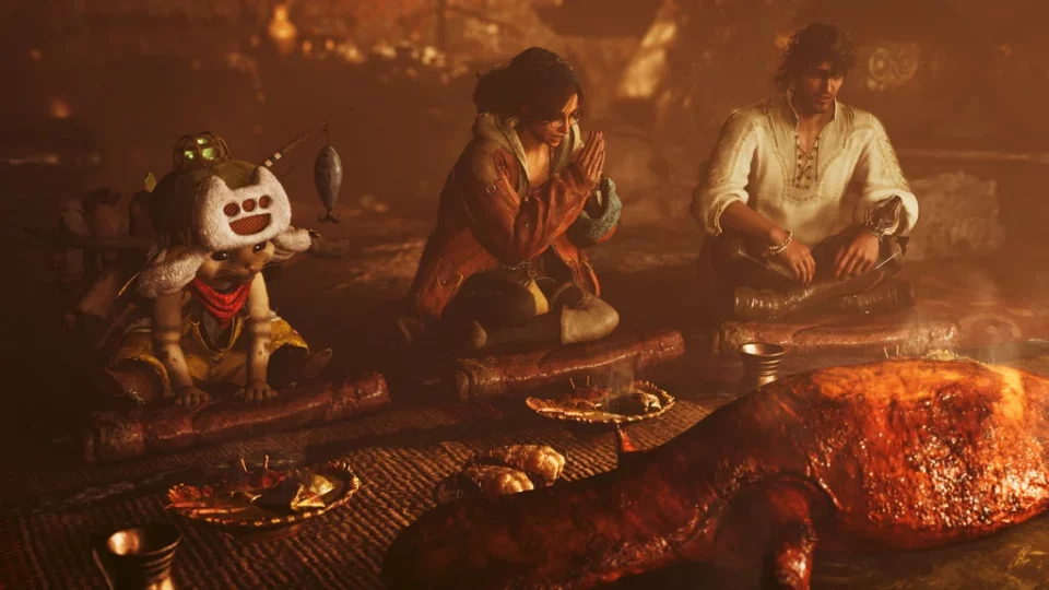 Your hunter and their allies enjoying a lovely meal together in Monster Hunter Wilds