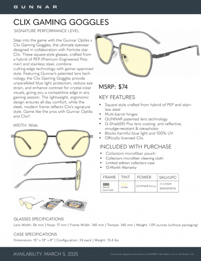 GUNNAR Goggles stat sheet