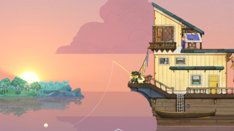 A little character fishing of a boat with a sunset in the background behind an island