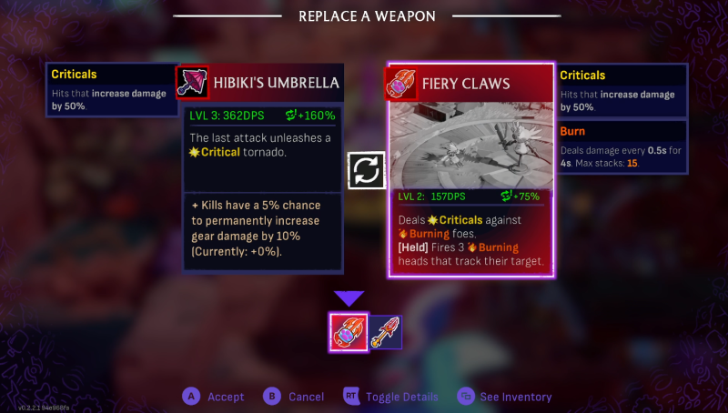 Windblown weapons, Fiery Claws and Umbrella