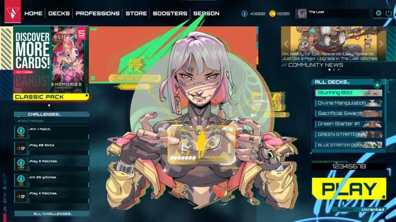 Main Screen of a cyberpunk-like trading card game