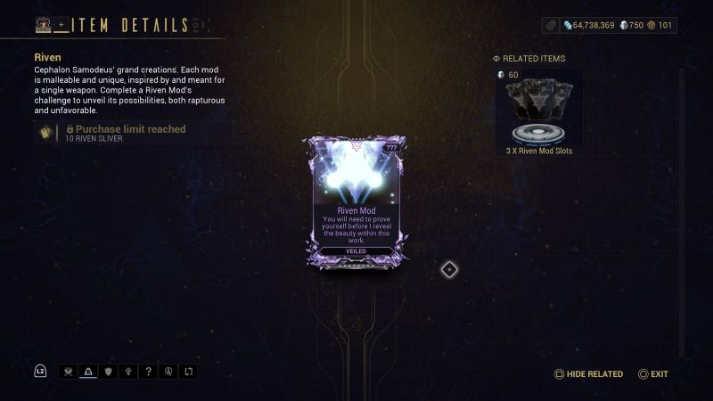 Warframe Riven Mod Purchasing Screen