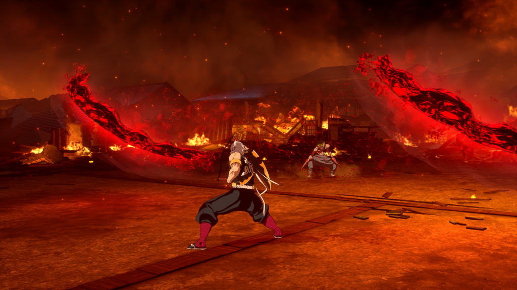 A fight taking place in a burning village in 'Demon Slayer: The Hinokami Chronicles 2'.