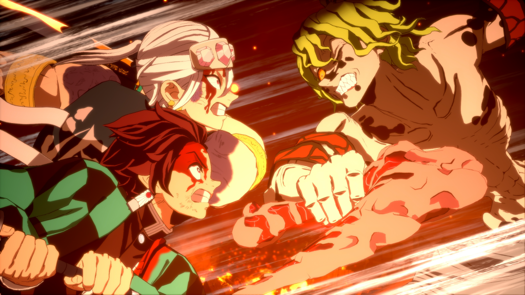 A fight taking place in 'Demon Slayer: the Hinokami Chronicles 2', showcasing the stunning visuals matching the source material.