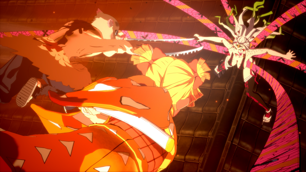 A screenshot with two upper class demons duking it out in 'Demon Slayer: the Hinokami Chronicles 2