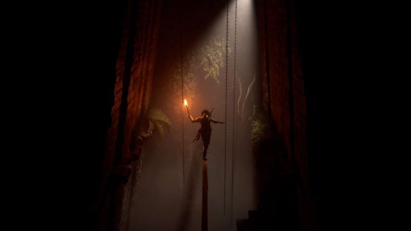 Expedition Into Darkness Character balancing on beam in dimly light area
