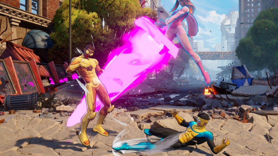 Invincible VS in action, showing off Atom Eve fighting against Bullet Proof.