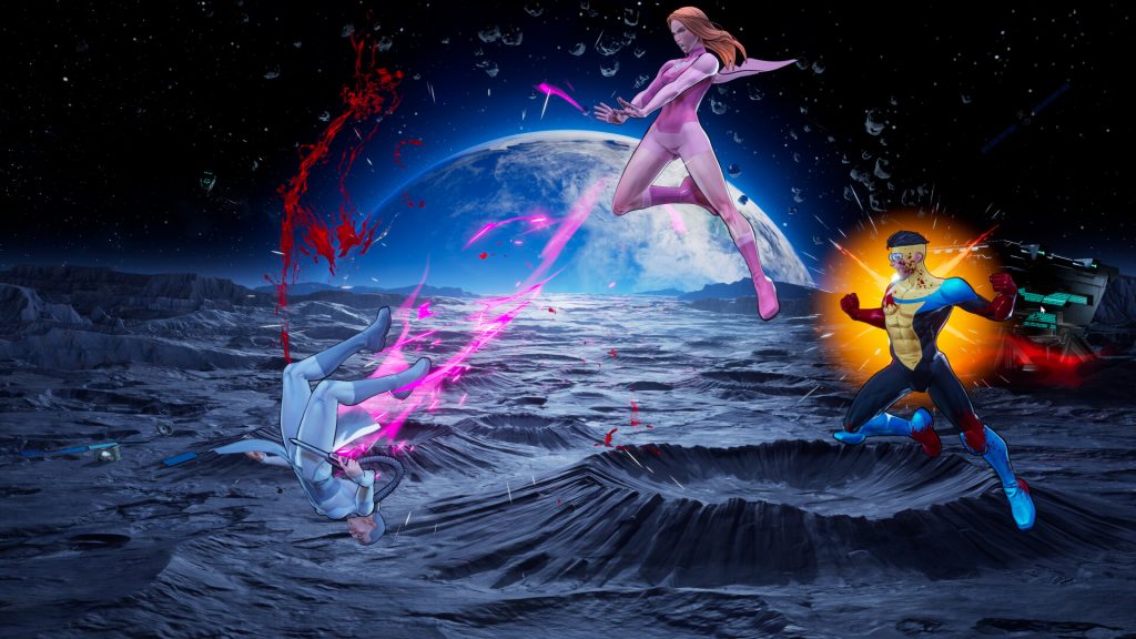 Invincible and Atom Eve doing a team up attack in space.