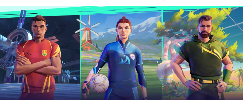 Rematch 3 players posing in front of different environment backgrounds