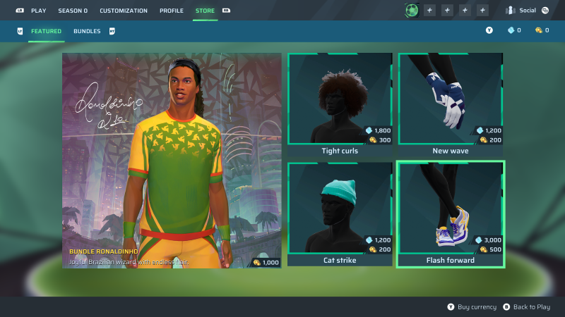 Rematch store with Ronaldinho skin up and center