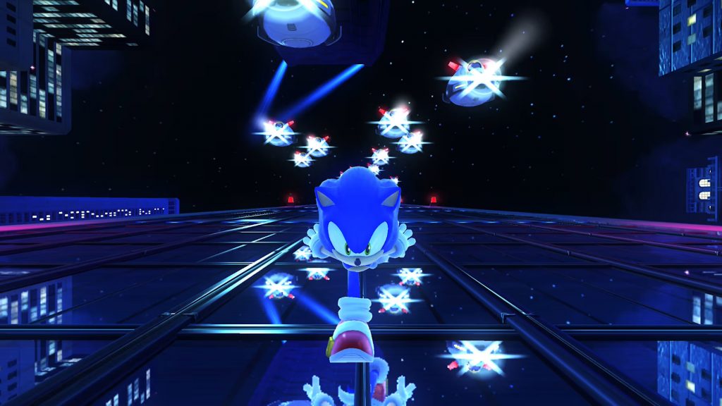 Sonic running down a building in Speed Highway Act 2, in Sonic Generations.