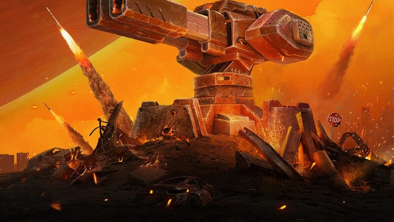 A really bug industrial turret with an orange background emulating the dusk time of day