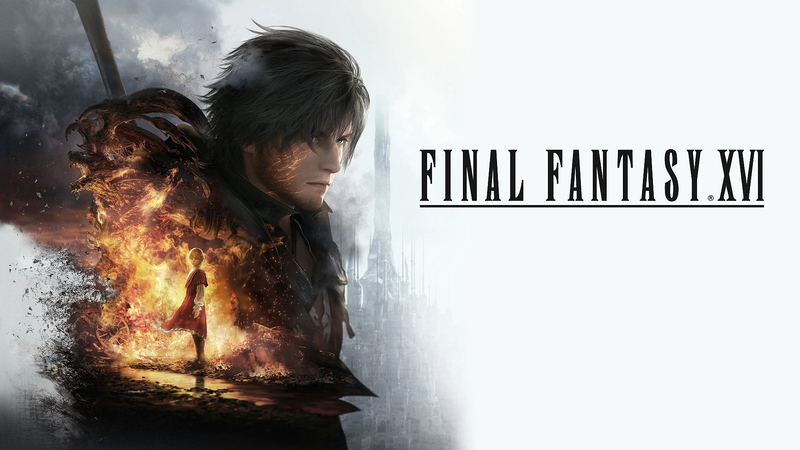 Final Fantasy 16 Logo with focal point on Clive and his brother Joshua in the background