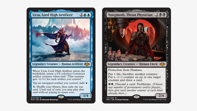 The Magic cards of Urza and YAwgmoth from modern horizons side by side