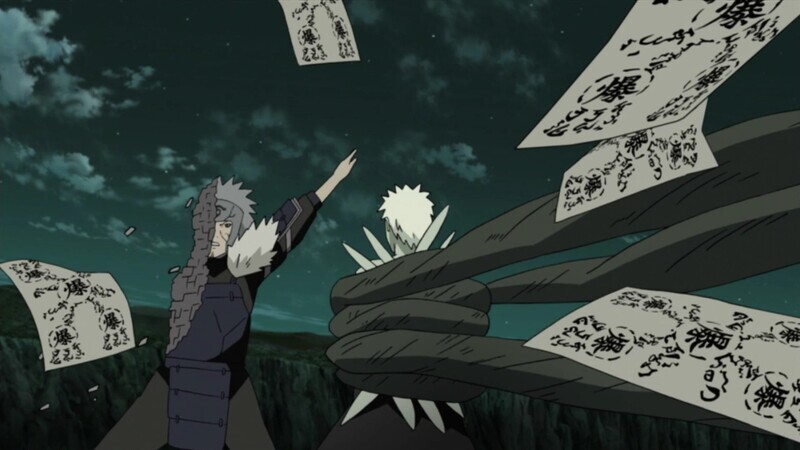 Tobirama throwing out multiple exploding tags in a fight with obito