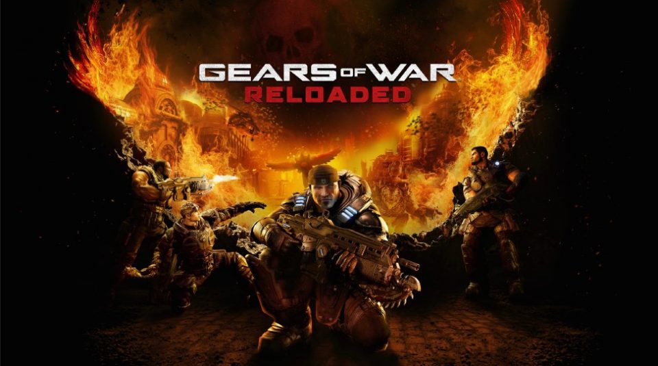 Marcus Fenix bearing a rifle with Dom, Baird and Cole in front of a blaze of glory