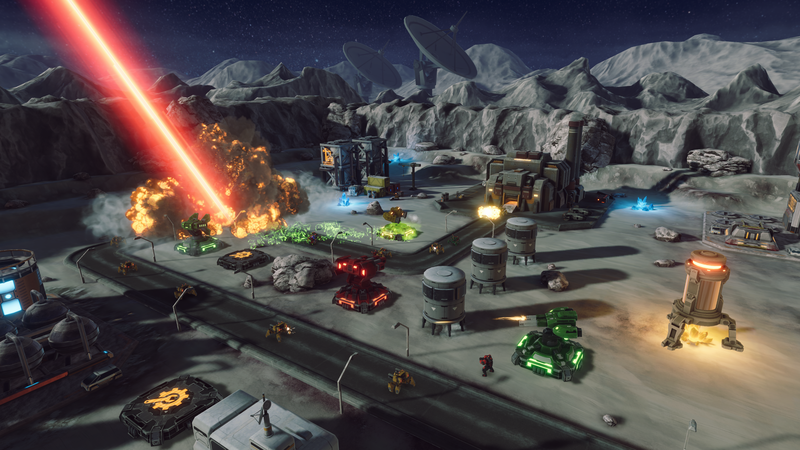A giant beam super weapon being shot down form the sky on robotic enemies
