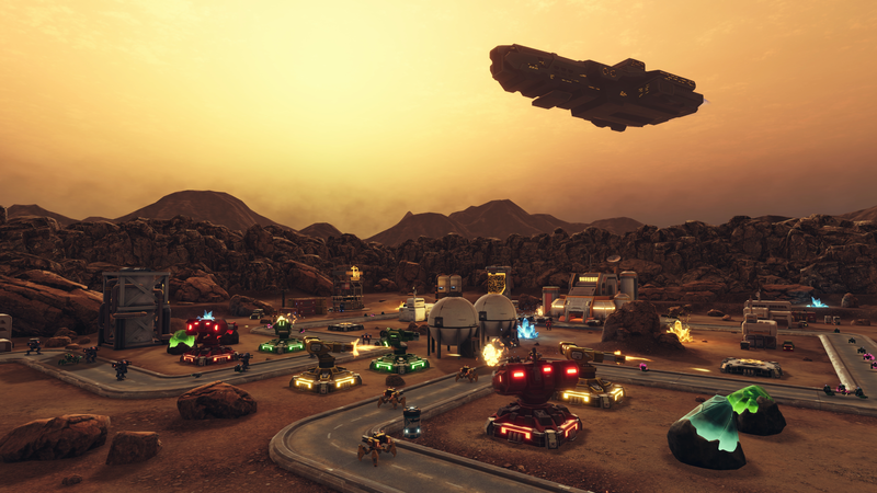 A distant view of the robotic invasion swarming the base with space ship on background and a little but of the sunset