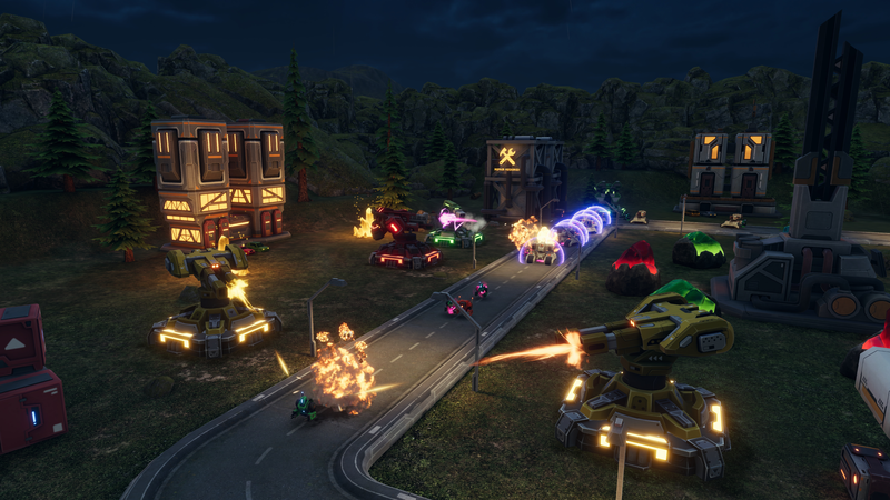 Turrets fireing on robotic enemies with resources on the screen