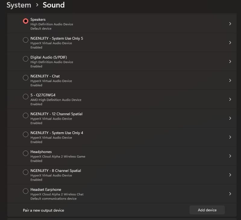 Long list of audio out devices in Windows 11 due to the HyperX Cloud Alpha 2 headset