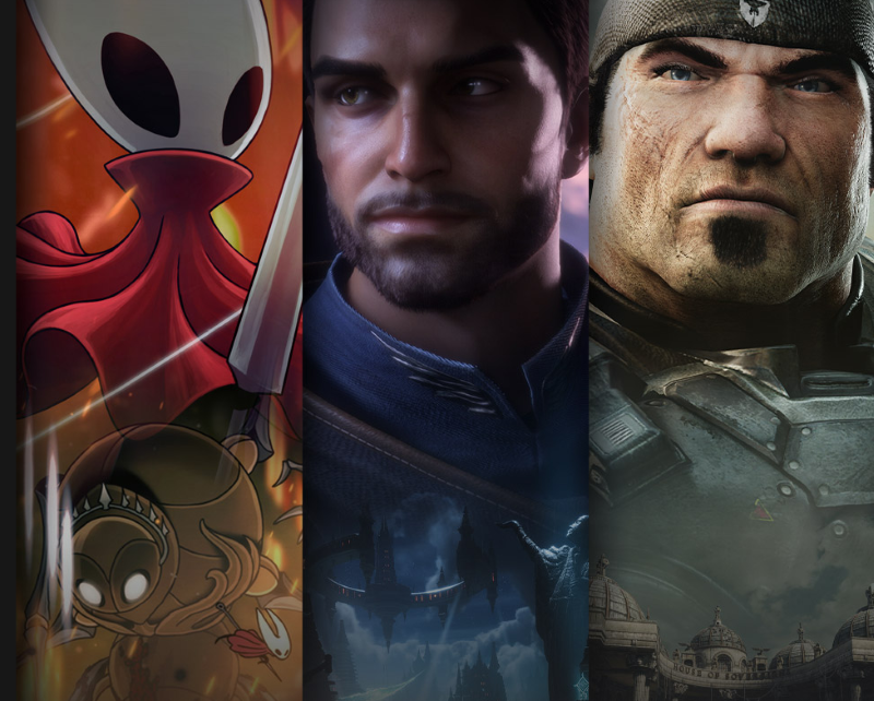 Game Pass promo image with silk song, gears and doom characters side to side