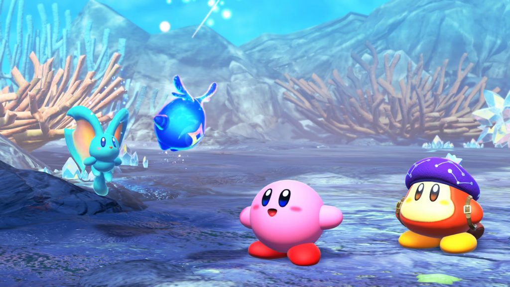 Kirby talks to a Starry, getting ready for his latest adventure