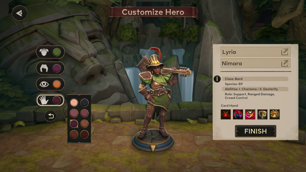 Character customization screen in Demeo x DUNGEONS & DRAGONS: Battlemarked for a Bard character named Lyria Nimara. Elf species with Charisma and Dexterity.
Shows roles, abilities and different color/feature selections to be made by the player.