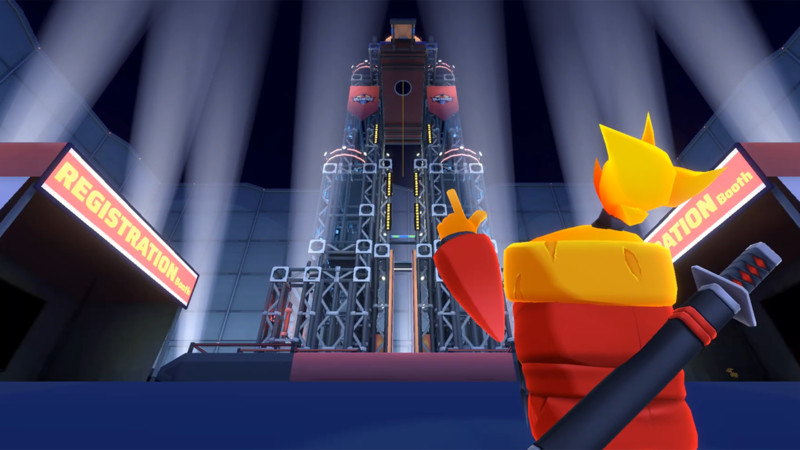 VR Character staring up at the Ninja Warrior obstacle course