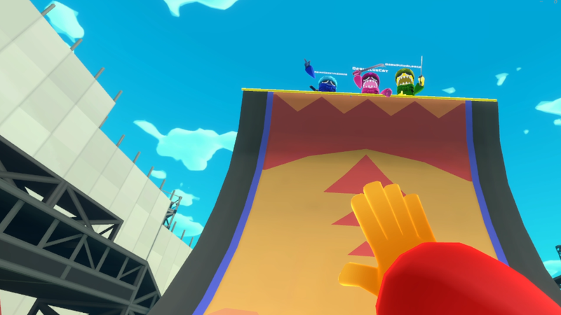 VR Ninja Warrior character running up the legendary ramp whit angry onlooking VR characters